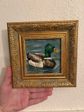 "Float on” Original oil painting on wood board mini framed 4x4"